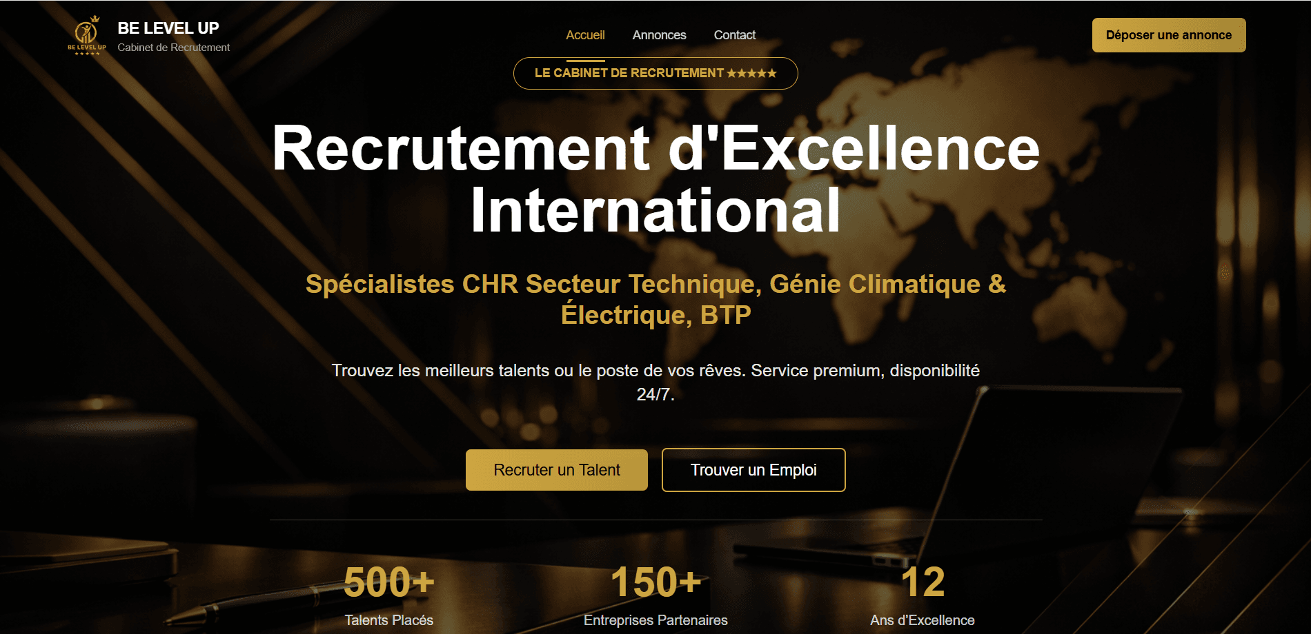 Projet Site vitrine cabinet de recrutement pour Be Level Up